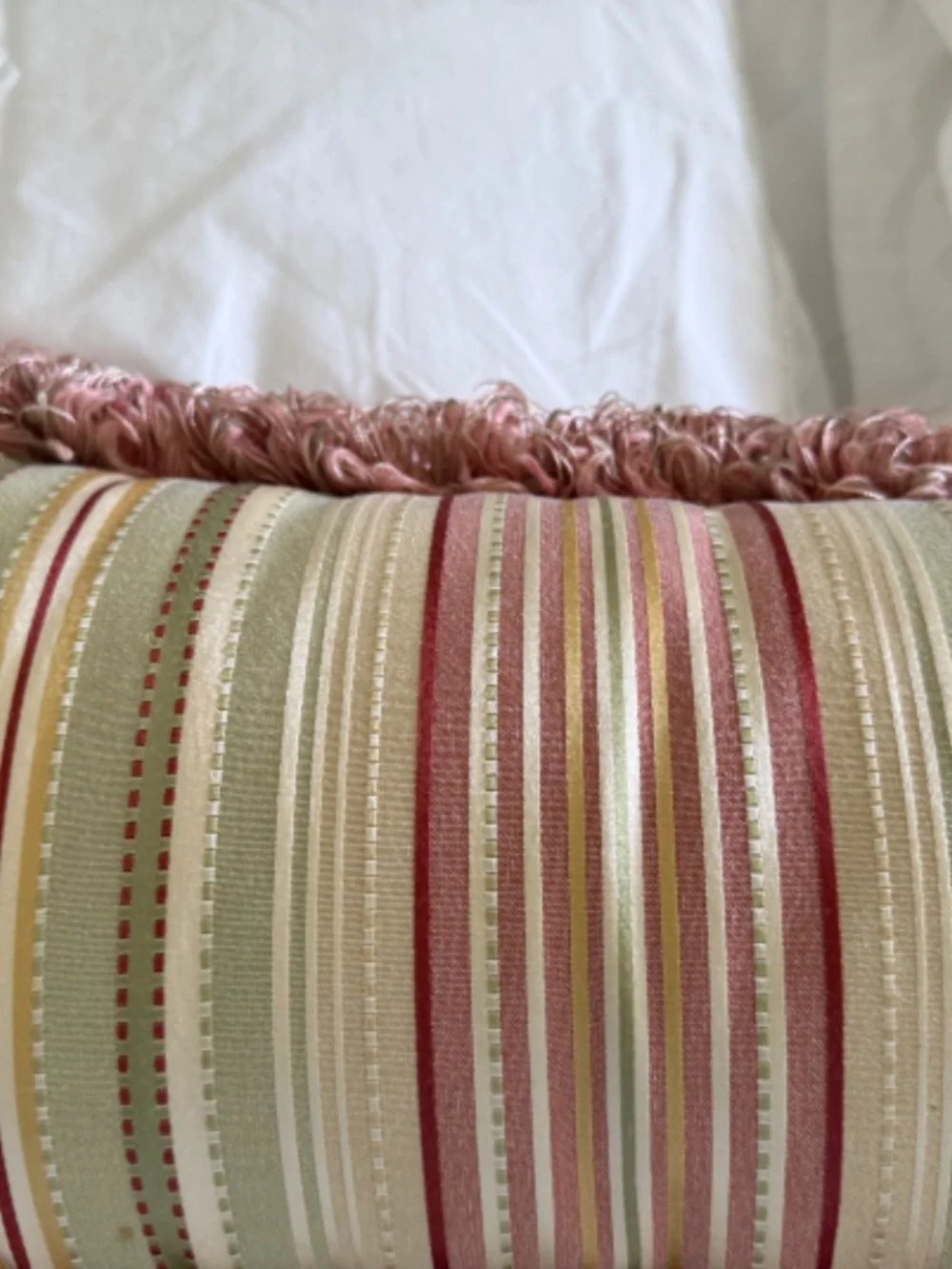 Striped Pink and Green Fringe Trimmed Bolster Pillow